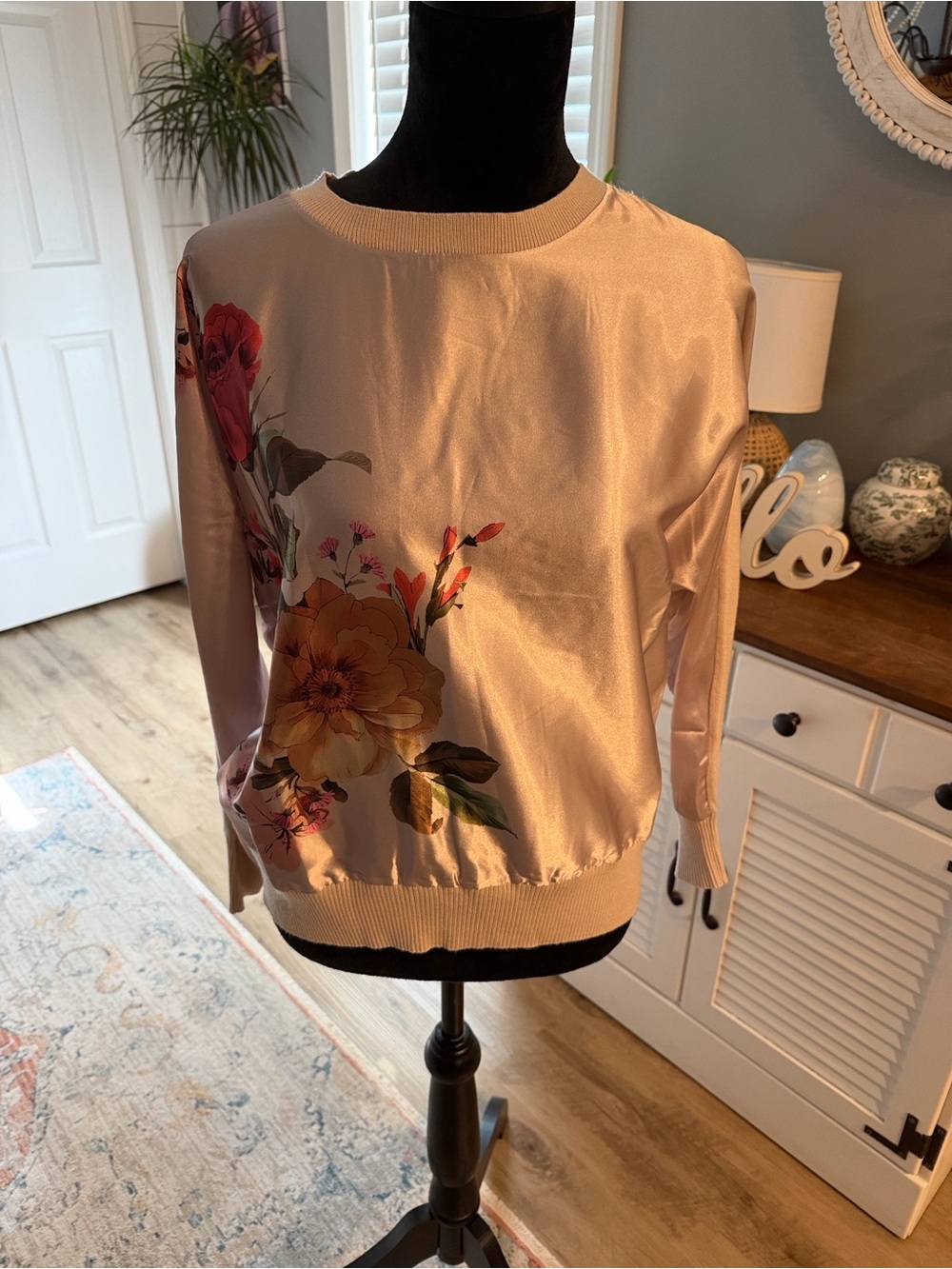 Sioni Blush Pink Floral Satin Crewneck Sweatshirt